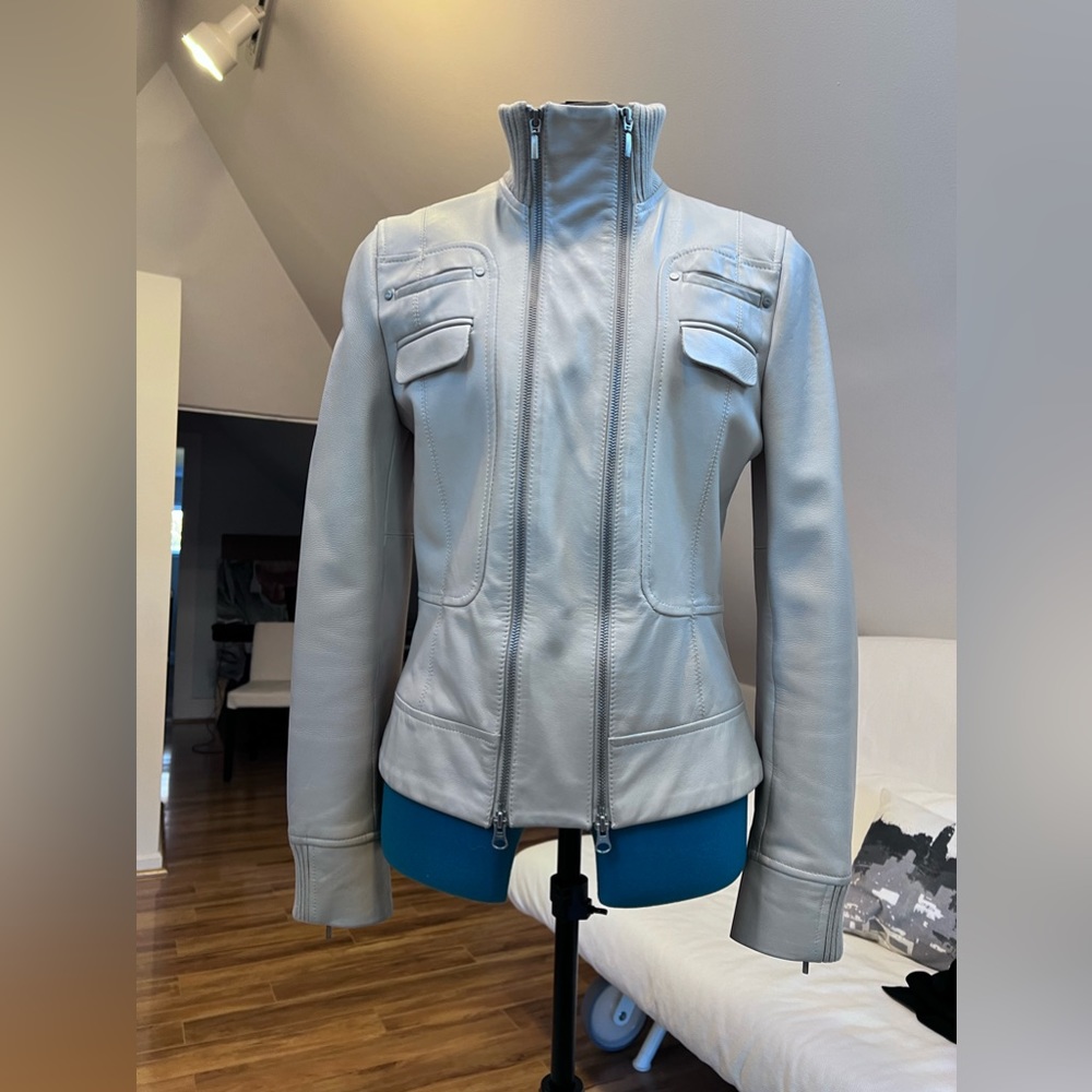 Mango, light beige leather jacket, size small